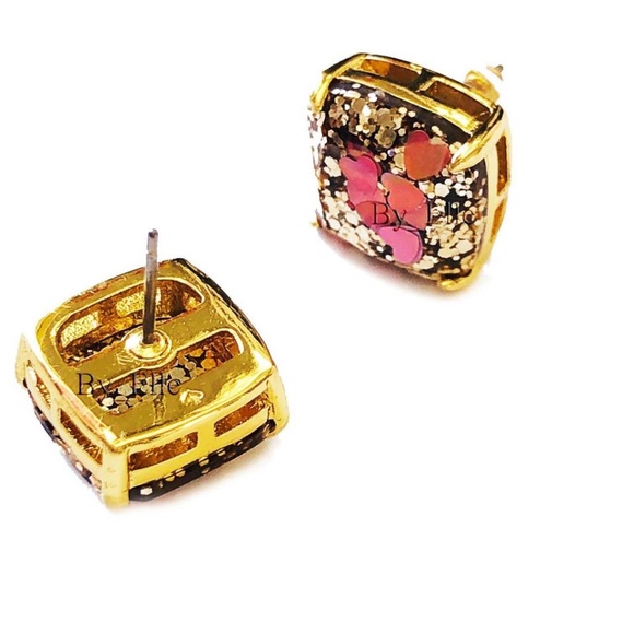 NEW Kate Spade Gold Glitter 1/2” Studs with Iridescent Hearts - Picture 2 of 5